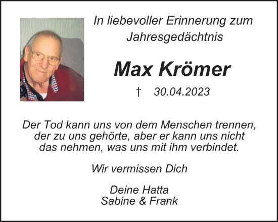 Traueranzeige von Max Krömer von Tageszeitung