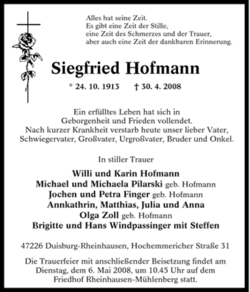 Traueranzeige von Siegfried Hofmann von Tageszeitung
