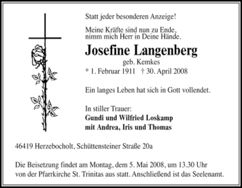 Traueranzeige von Josefine Langenberg von Tageszeitung