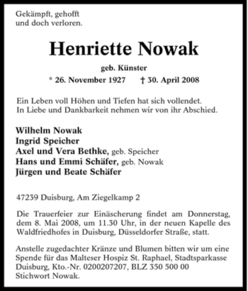 Traueranzeige von Henriette Nowak von Tageszeitung